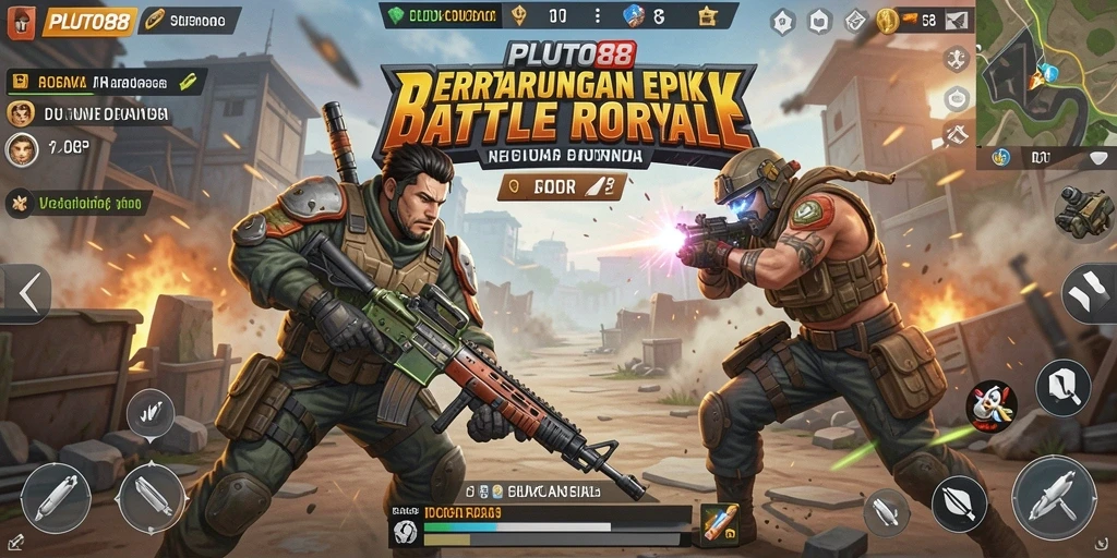 Tampilan gameplay seru di PLUTO88, pertarungan Battle Royale yang mendebarkan.