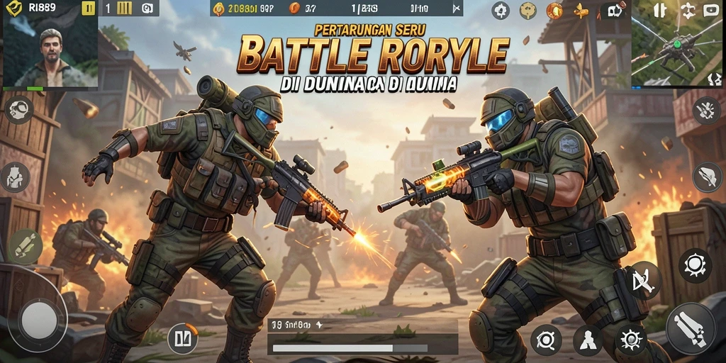 Tangkapan layar utama menampilkan aksi gameplay seru dalam <strong>RI889</strong> di medan perang Battle Royale.
