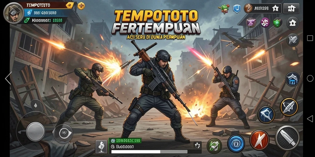 Screenshot utama TEMPOTOTO menunjukkan aksi intens dalam pertempuran.