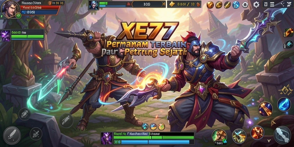 Screenshot XE77 menunjukkan pertarungan tim yang dinamis dalam arena MOBA.